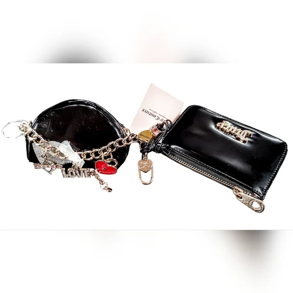💎JuicyCouture*(2)*SET BLACK Coin Holder w/Gold Chain/Charms/Rhinestone WALLET❤️ - Picture 2 of 8
